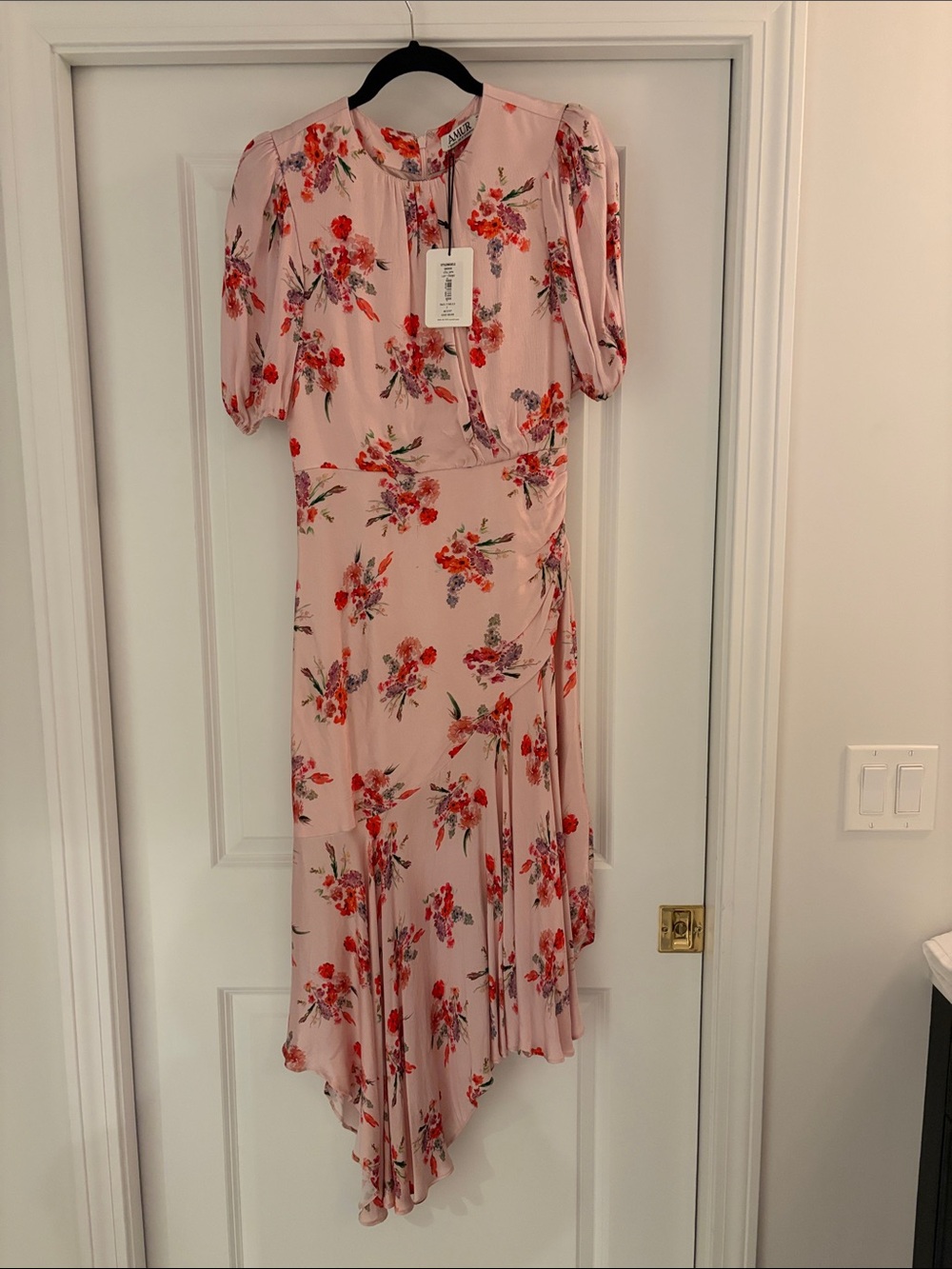 AMUR Pink Floral Asymmetrical Midi Dress